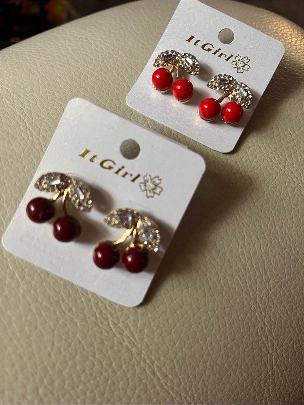 🍒 Red and dark red Cherry Drop Earrings - Crystal Accent!  New. Pretty. Gold!